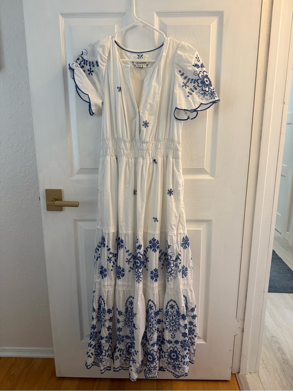 Anthropologie White Maxi Dress with Blue Embroidery